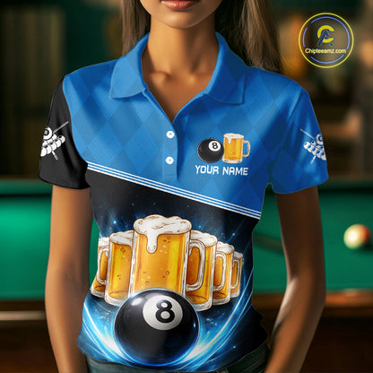 Black And Blue Funny Beer 8 Ball Billiard Jersey For Women Custom Pool Team Shirt Polo & 1/4 Zip TDM5942