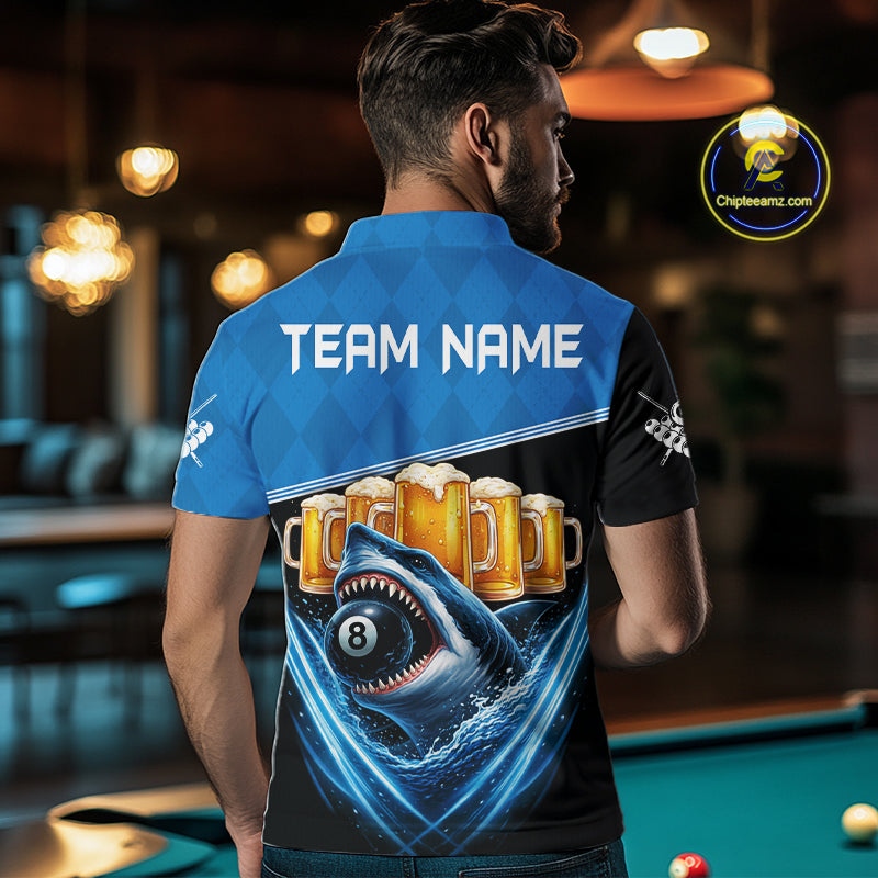 Blue Funny Beer Shark 8 Ball Billiard Jersey For Men Custom Pool Team Shirt Polo & 1/4 Zip TDM5943