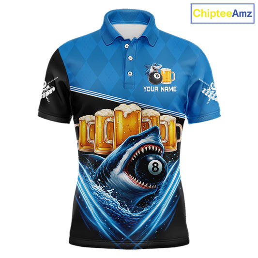 Blue Funny Beer Shark 8 Ball Billiard Jersey For Men Custom Pool Team Shirt Polo & 1/4 Zip TDM5943