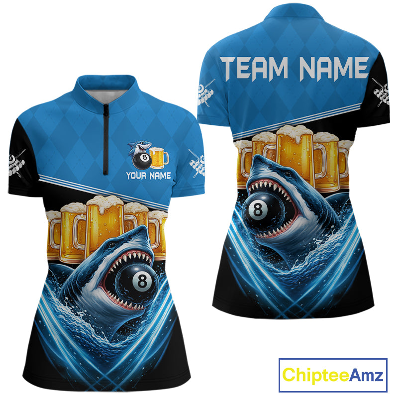 Blue Funny Beer Shark 8 Ball Billiard Jersey For Women Custom Pool Team Shirt Polo & 1/4 Zip TDM5943
