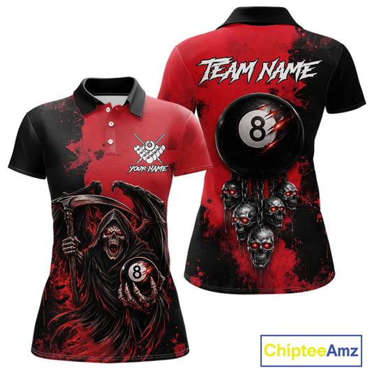 Red Grim Reaper 8 Ball Billiard Shirt For Women Custom Skull Pool Team Jersey Polo & 1/4 Zip TDM6102