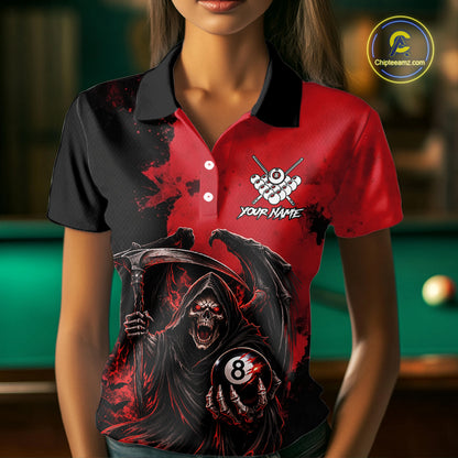 Red Grim Reaper 8 Ball Billiard Shirt For Women Custom Skull Pool Team Jersey Polo & 1/4 Zip TDM6102