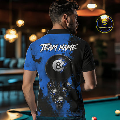 Blue Grim Reaper 8 Ball Billiard Shirt For Men Custom Skull Pool Team Jersey Polo & 1/4 Zip TDM6103