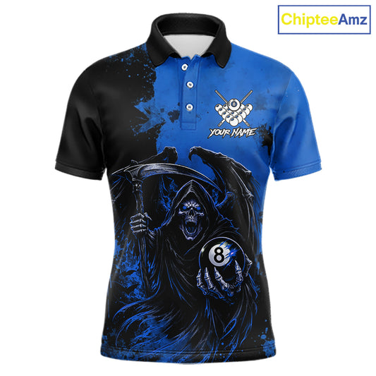 Blue Grim Reaper 8 Ball Billiard Shirt For Men Custom Skull Pool Team Jersey Polo & 1/4 Zip TDM6103