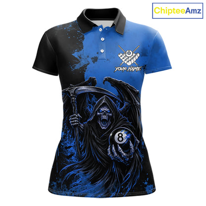 Blue Grim Reaper 8 Ball Billiard Shirt For Women Custom Skull Pool Team Jersey Polo & 1/4 Zip TDM6103