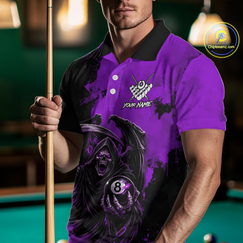 Purple Grim Reaper 8 Ball Billiard Shirt For Men Custom Skull Pool Team Jersey Polo & 1/4 Zip TDM6104