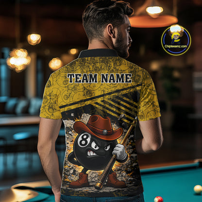 Yellow Grunge Funny 8 Ball Billiard Shirt For Men Custom Pool Team Jersey Polo & 1/4 Zip TDM6355