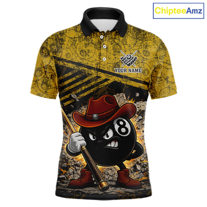 Yellow Grunge Funny 8 Ball Billiard Shirt For Men Custom Pool Team Jersey Polo & 1/4 Zip TDM6355