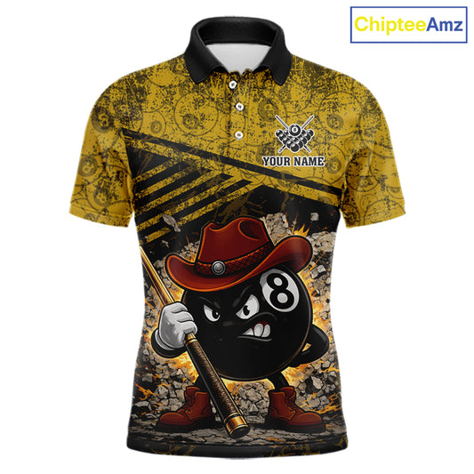 Yellow Grunge Funny 8 Ball Billiard Shirt For Men Custom Pool Team Jersey Polo & 1/4 Zip TDM6355
