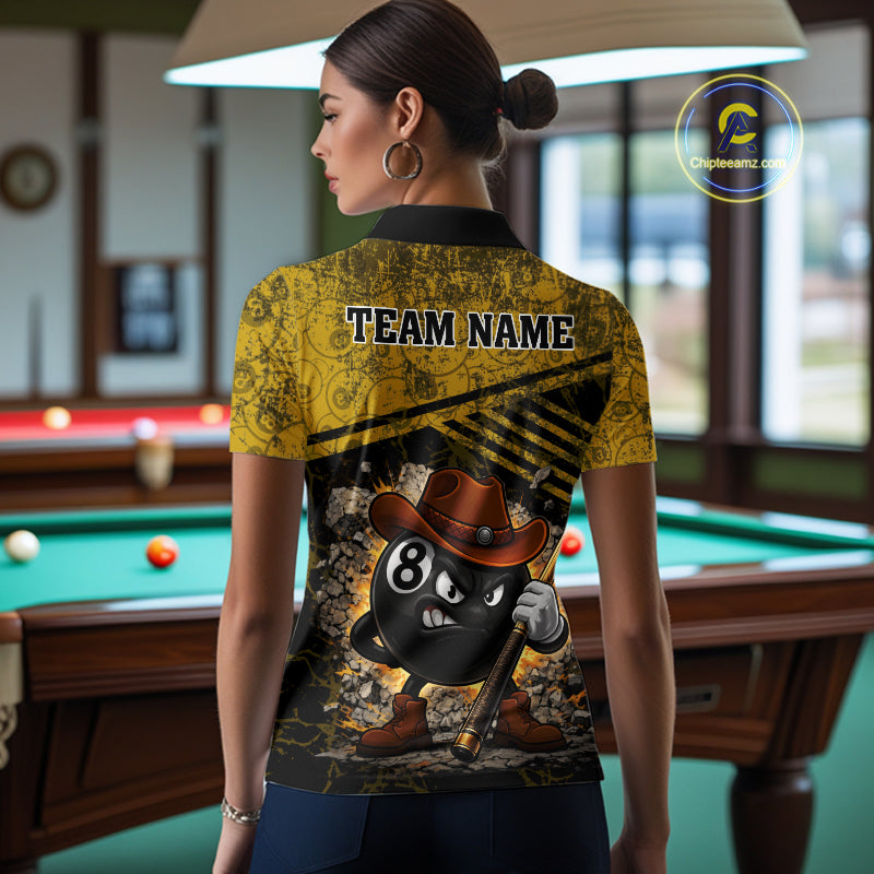 Yellow Grunge Funny 8 Ball Billiard Shirt For Women Custom Pool Team Jersey Polo & 1/4 Zip TDM6355
