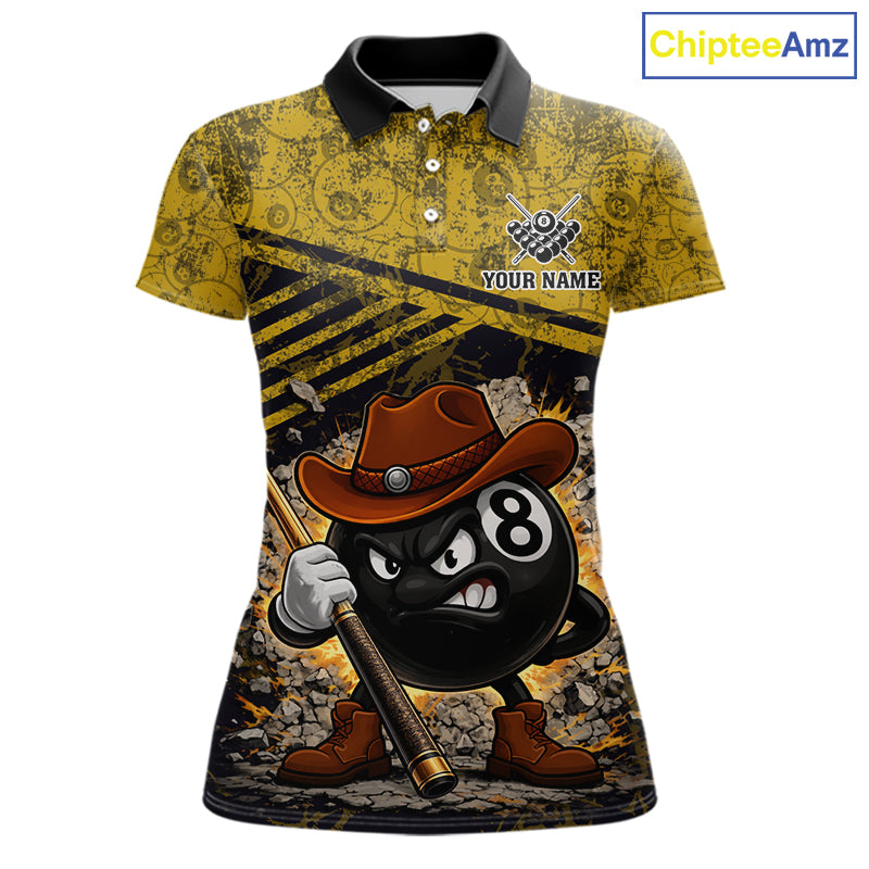 Yellow Grunge Funny 8 Ball Billiard Shirt For Women Custom Pool Team Jersey Polo & 1/4 Zip TDM6355