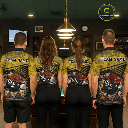 Yellow Grunge Funny 8 Ball Billiard Shirt For Men Custom Pool Team Jersey Polo & 1/4 Zip TDM6355