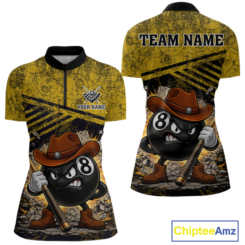 Yellow Grunge Funny 8 Ball Billiard Shirt For Women Custom Pool Team Jersey Polo & 1/4 Zip TDM6355