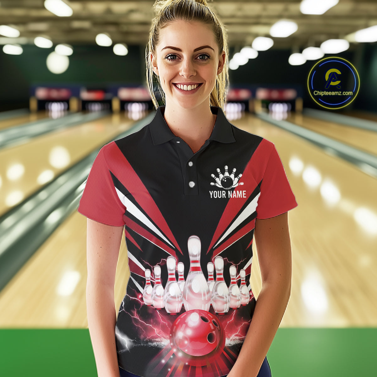 Black And Red Bowling Jersey For Women Custom Strike Lightning Bowling Team Jersey Polo & 1/4 Zip TDM6357