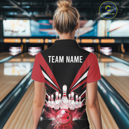 Black And Red Bowling Jersey For Women Custom Strike Lightning Bowling Team Jersey Polo & 1/4 Zip TDM6357