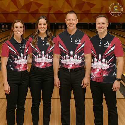 Black And Red Bowling Jersey For Men Custom Strike Lightning Bowling Team Jersey Polo & 1/4 Zip TDM6357