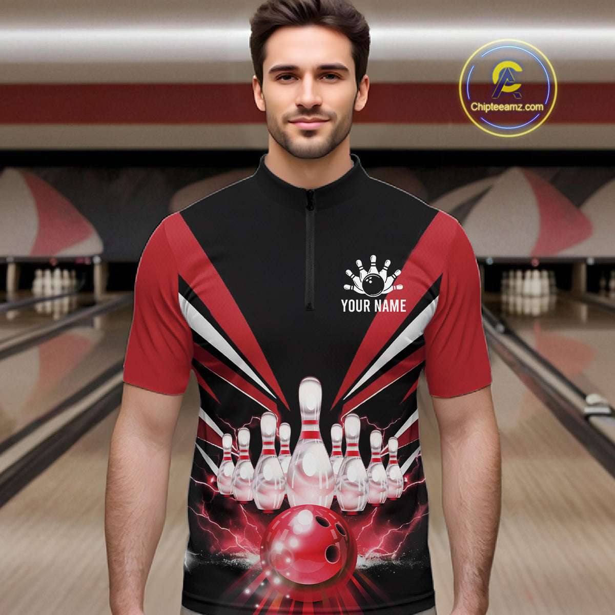 Black And Red Bowling Jersey For Men Custom Strike Lightning Bowling Team Jersey Polo & 1/4 Zip TDM6357