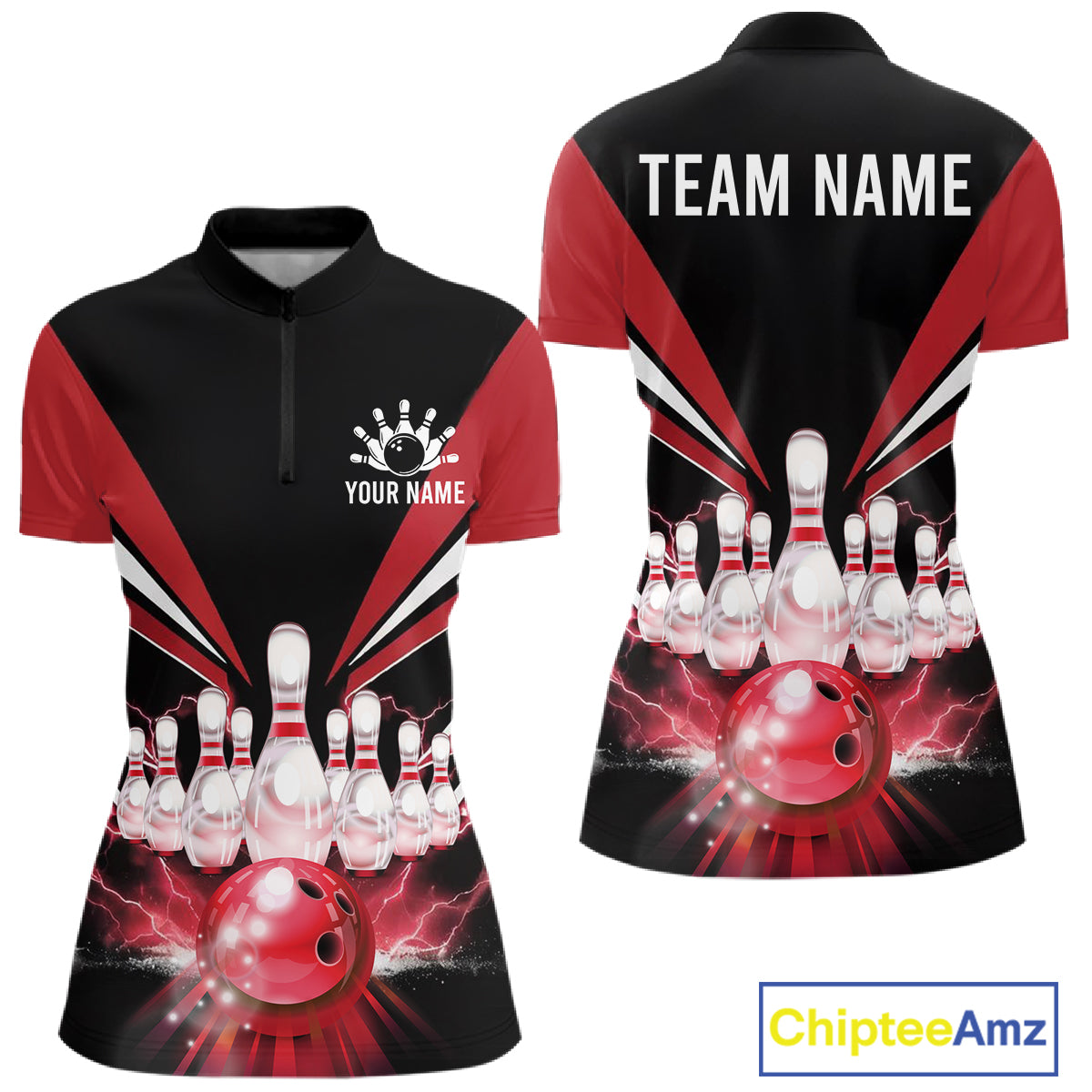 Black And Red Bowling Jersey For Women Custom Strike Lightning Bowling Team Jersey Polo & 1/4 Zip TDM6357