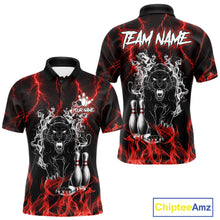 Load image into Gallery viewer, Red flaming panther bowling polo shirt for men with custom bowling team graphics.