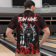 Load image into Gallery viewer, Back view of man wearing a red flaming panther bowling quarter zip shirt in a bowling alley.