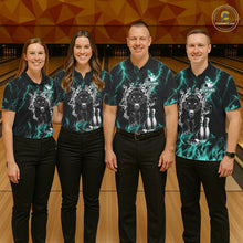 Load image into Gallery viewer, Bowling team wearing matching turquoise flaming panther bowling jerseys during league matches front view.