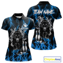 Load image into Gallery viewer, Blue flaming panther bowling polo shirt for women with custom bowling team graphics.