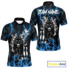 Load image into Gallery viewer, Blue flaming panther bowling polo shirt for men with custom bowling team graphics.