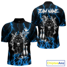 Load image into Gallery viewer, Blue flaming panther bowling quarter zip shirt for men designed for league tournaments and team events.