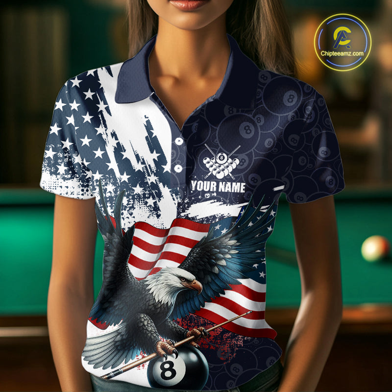 Personalized American Flag Eagle Women Billiard Shirt Custom Patriotic 8 Ball Pool Team Jersey |Navy TDM4369