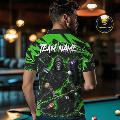 Man wearing green Grim Reaper lightning 8 ball pool billiard team jersey polo shirt, back view.