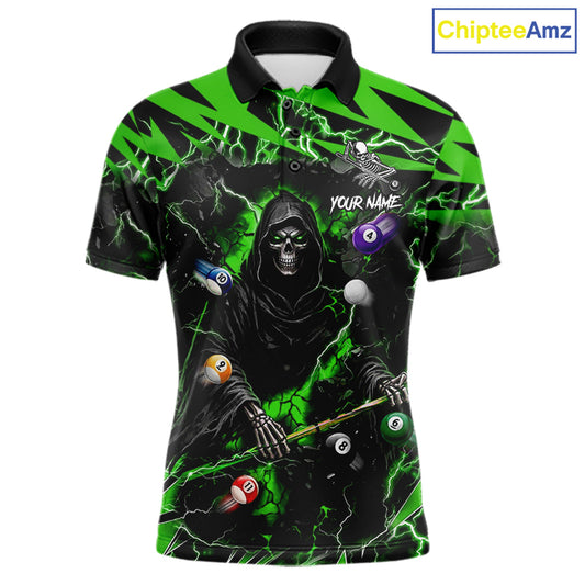 Green Grim Reaper lightning 8 ball pool billiard team jersey polo shirt for men featuring a fierce Grim Reaper and green lightning artwork, premium custom pool team apparel.