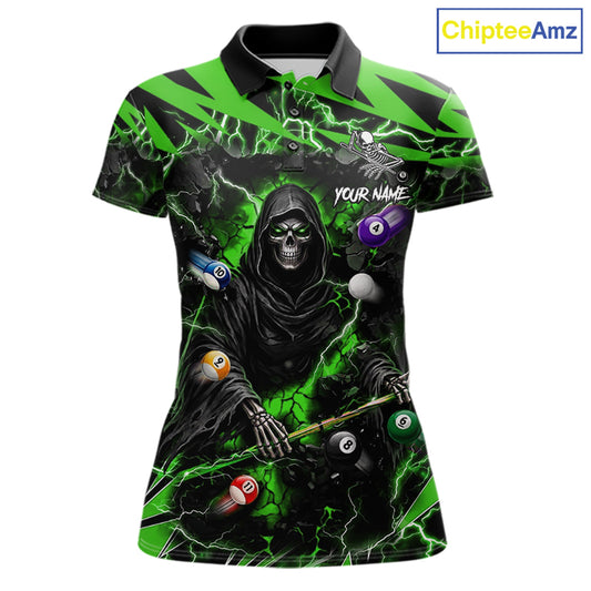 Green Grim Reaper lightning 8 ball pool billiard team jersey polo shirt for women featuring a fierce Grim Reaper and green lightning artwork, premium custom pool team apparel.