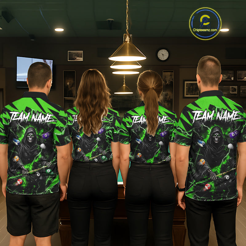 Billiard team wearing matching green Grim Reaper lightning 8 ball pool team jerseys, front view.