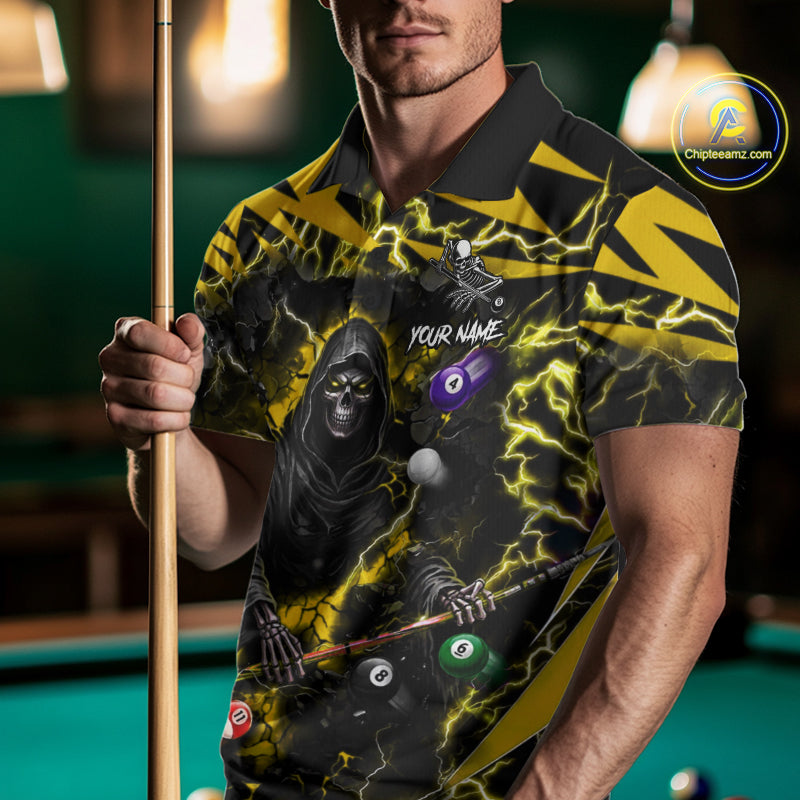 Man wearing yellow Grim Reaper lightning 8 ball pool billiard team jersey polo shirt, front view.