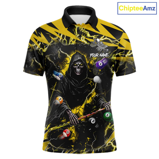 Yellow Grim Reaper lightning 8 ball pool billiard team jersey polo shirt for men featuring a fierce Grim Reaper and yellow lightning artwork, premium custom pool team apparel.