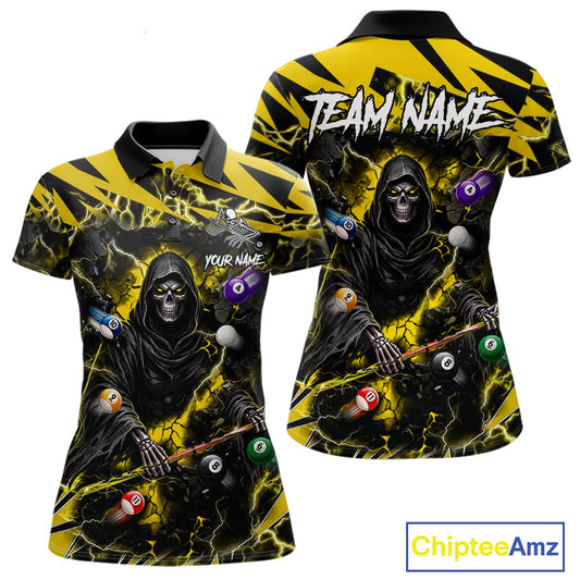Yellow Grim Reaper lightning 8 ball pool billiard team jersey polo shirt for women featuring a fierce Grim Reaper and yellow lightning artwork, premium custom pool team apparel.