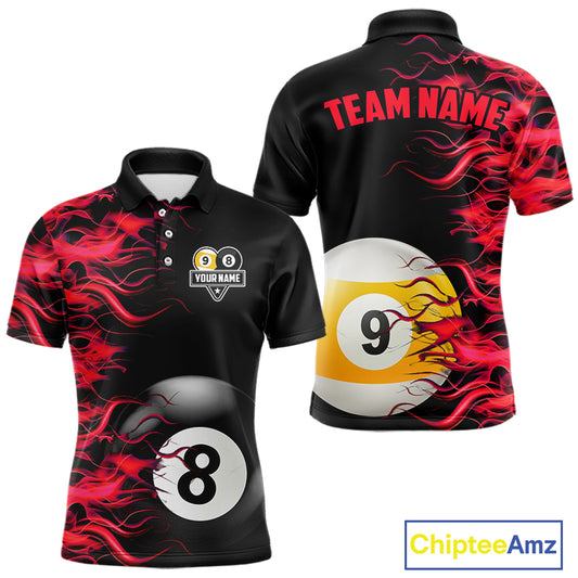 Red Flaming 8 Ball & 9 Ball Billiard Shirt For Men Custom Pool Team Jersey Polo & Quarter Zip TDM5481