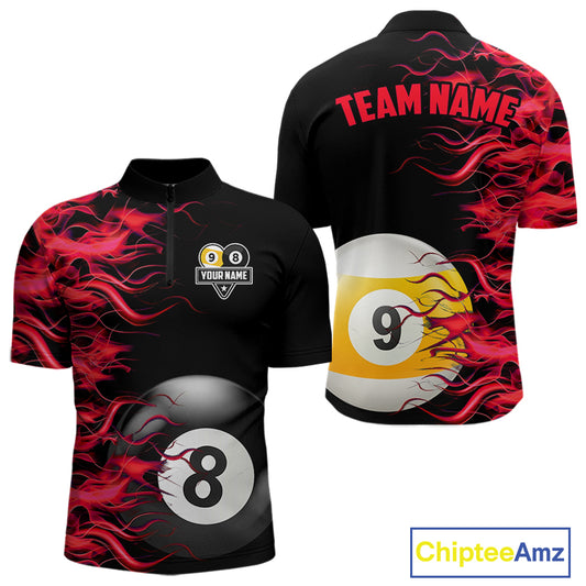 Red Flaming 8 Ball & 9 Ball Billiard Shirt For Men Custom Pool Team Jersey Polo & Quarter Zip TDM5481