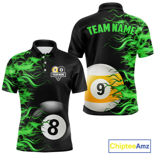 Green Flaming 8 Ball & 9 Ball Billiard Shirt For Men Custom Pool Team Jersey Polo & 1/4 Zip TDM5482