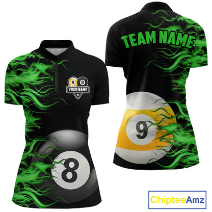 Green Flaming 8 Ball & 9 Ball Billiard Shirt For Women Custom Pool Team Jersey Polo & 1/4 Zip TDM5482