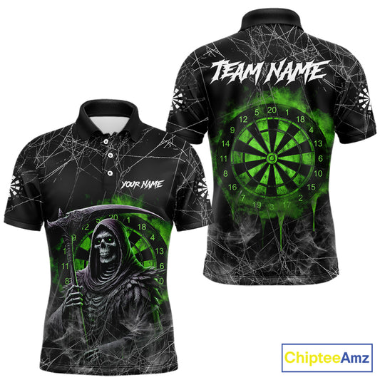 Black And Green Smoke Grim Reaper Funny Dart Shirts For Men Custom Dart Jerseys, Darts Clothing TDM5486