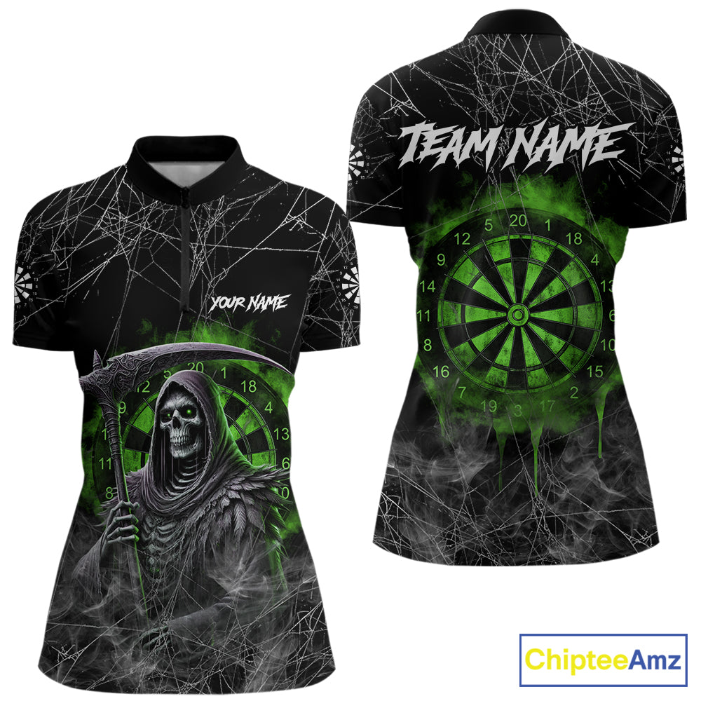 Black And Green Smoke Grim Reaper Funny Dart Shirts For Women Custom Dart Jerseys, Darts Clothing TDM5486