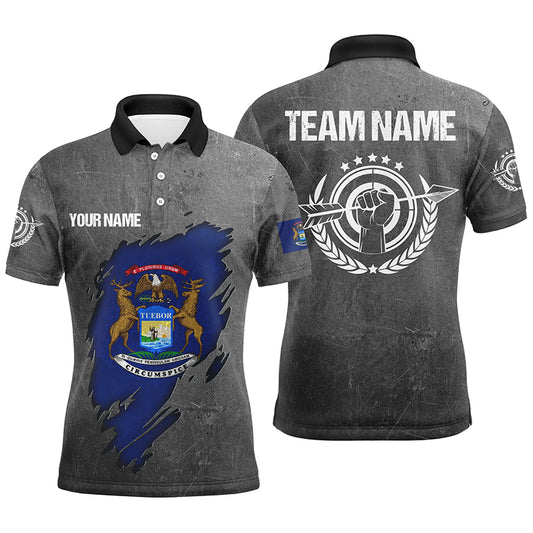 Grunge Michigan Archery Men Polo Shirts, Custom Team Name Patriotic Michigan Flag Archery Jerseys TDM0933