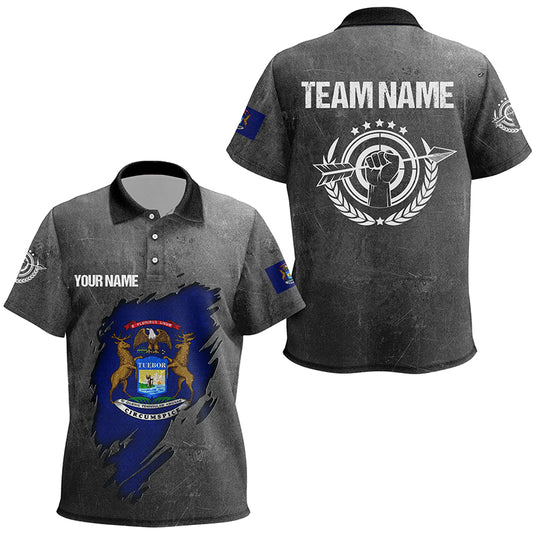 Grunge Michigan Archery Kid Polo Shirts, Custom Team Name Patriotic Michigan Flag Archery Jerseys TDM0933