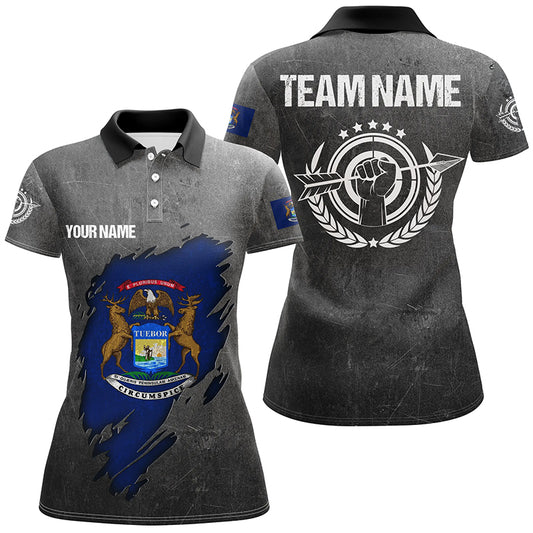 Grunge Michigan Archery Women Polo Shirts, Custom Team Name Patriotic Michigan Flag Archery Jerseys TDM0933