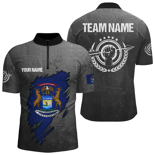 Grunge Michigan Archery Men Quarter-Zip Shirts, Custom Patriotic Michigan Archery Jerseys TDM0933