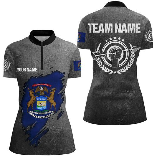 Grunge Michigan Archery Women Quarter-Zip Shirts, Custom Patriotic Michigan Archery Jerseys TDM0933