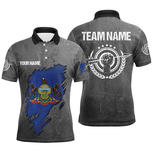 Grunge Pennsylvania Archery Men Polo Shirts, Custom Patriotic Pennsylvania Flag Archery Jerseys TDM0934