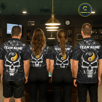 Black US Flag Skull Yin And Yang Custom Billiard Shirts For Men, 8 Ball & 9 Ball Pool Team Jersey TDM6531