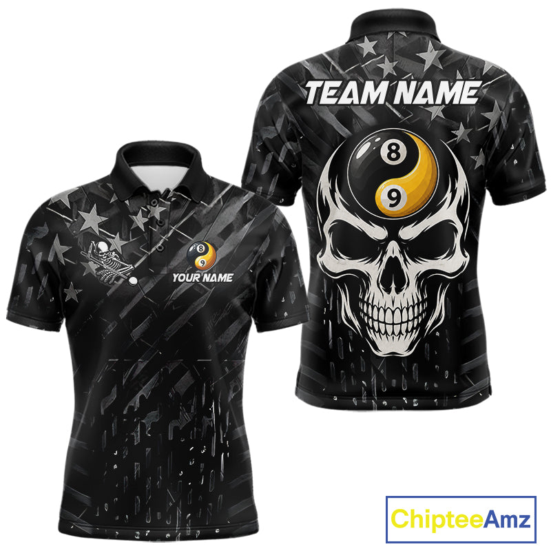 Black US Flag Skull Yin And Yang Custom Billiard Shirts For Men, 8 Ball & 9 Ball Pool Team Jersey TDM6531